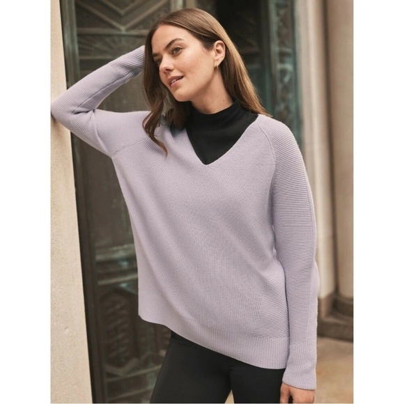Athleta Hanover Sweater V-Neck Merino Wool Blend Lilac Purple Ribbed Sweater - Picture 15 of 15